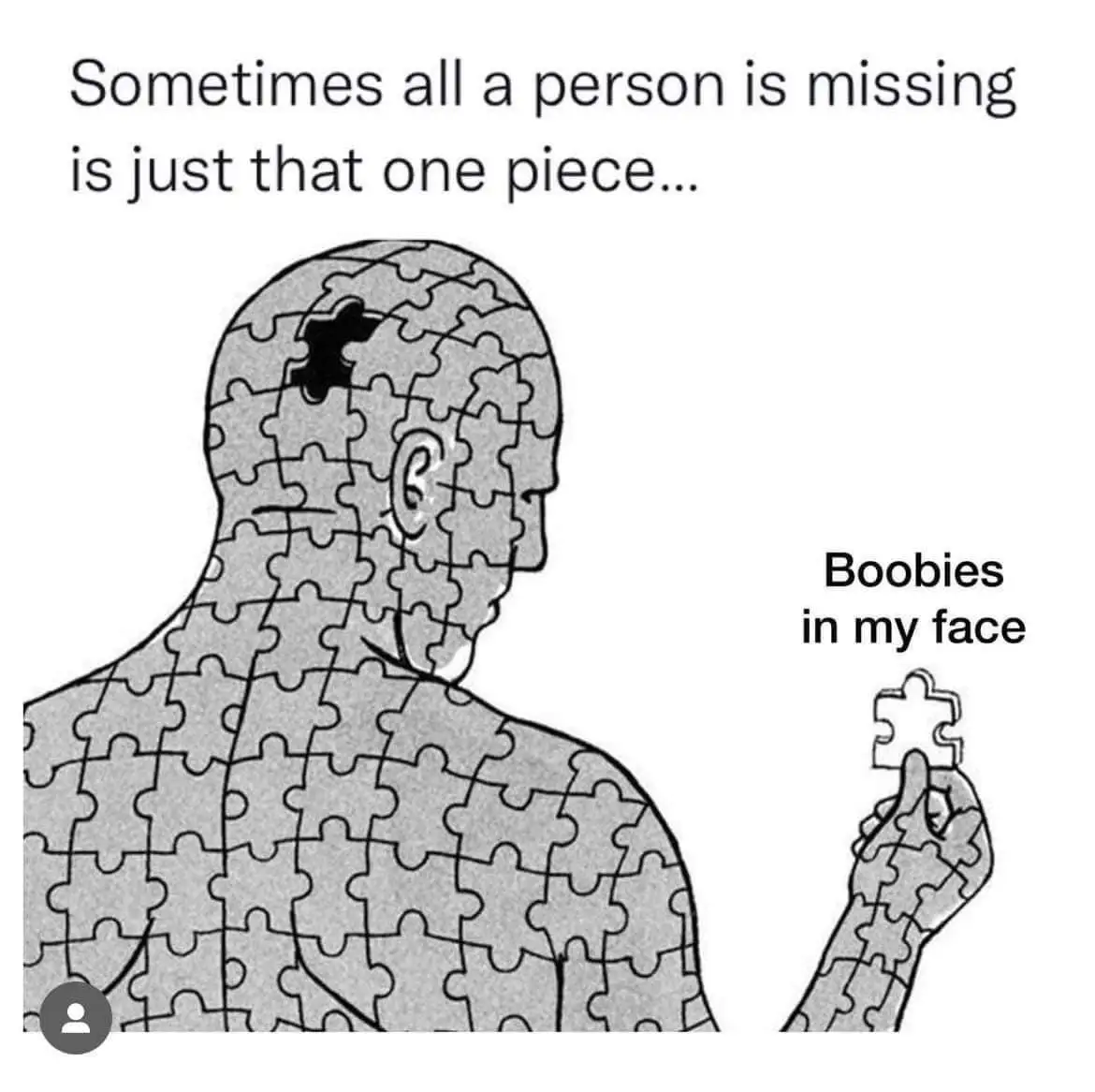 A black-and-white illustration shows a person's silhouette made of jigsaw puzzle pieces, with one piece missing from the…