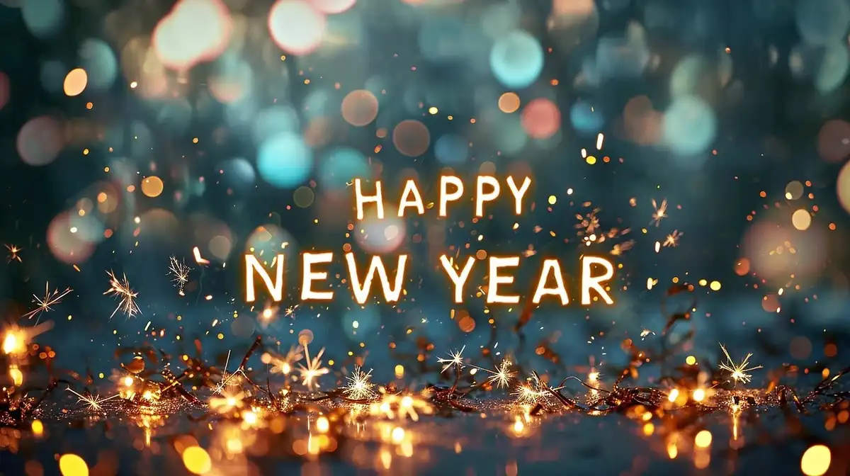 The image displays a festive background with sparkling lights and bokeh effects, featuring the text 'HAPPY NEW YEAR' in…
