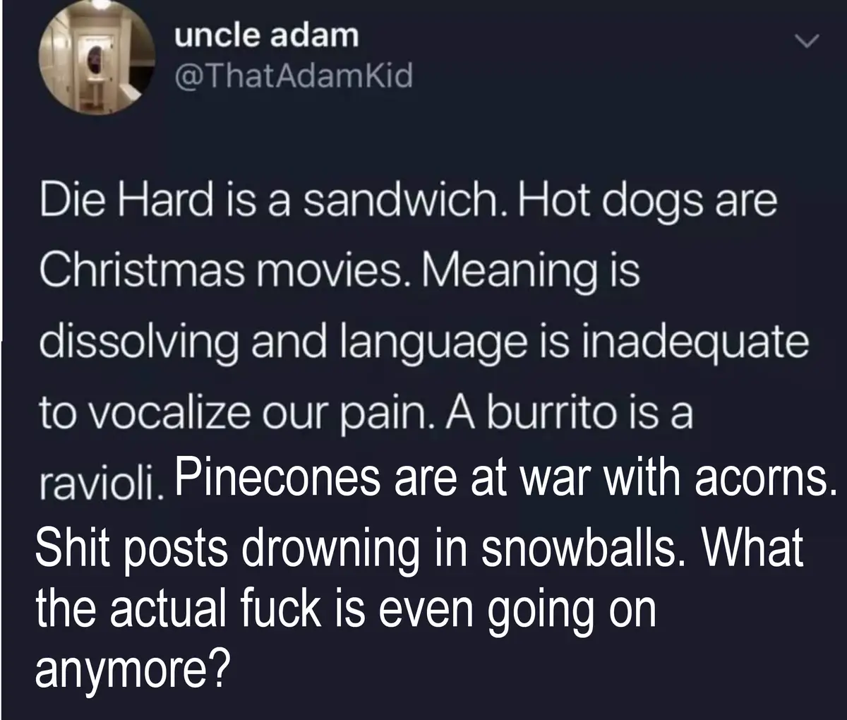 A screenshot of a tweet from 'uncle adam' (@ThatAdamKid) displaying a dark-themed interface with white text. The text…