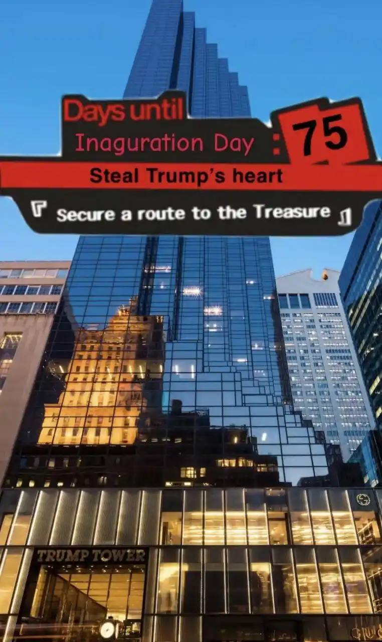 A photo of Trump Tower in New York City at dusk, overlaid with a red and black game-like interface. The text reads 'Days…
