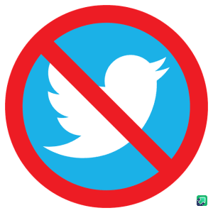 The image shows the official Twitter logo—a white bird on a blue circular background—covered by a red circle with a diagonal…