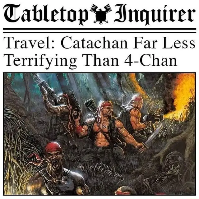 An illustration of muscular, armed warriors in a jungle setting, overlaid with the text 'Tabletop Inquirer' and 'Travel…