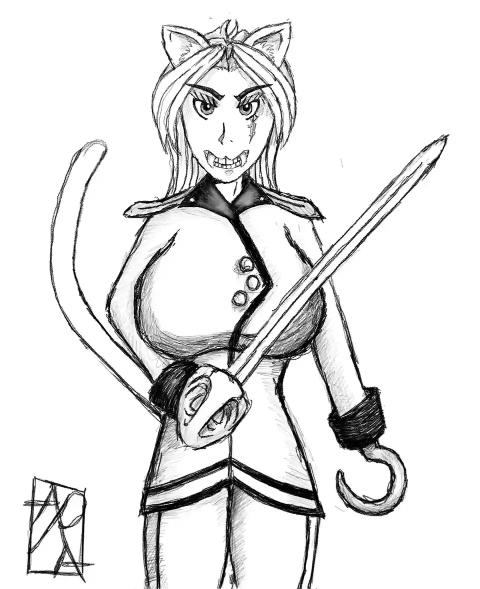 A black-and-white sketch of a female anime-style character with cat ears and a tail, wearing a revealing outfit and holding…