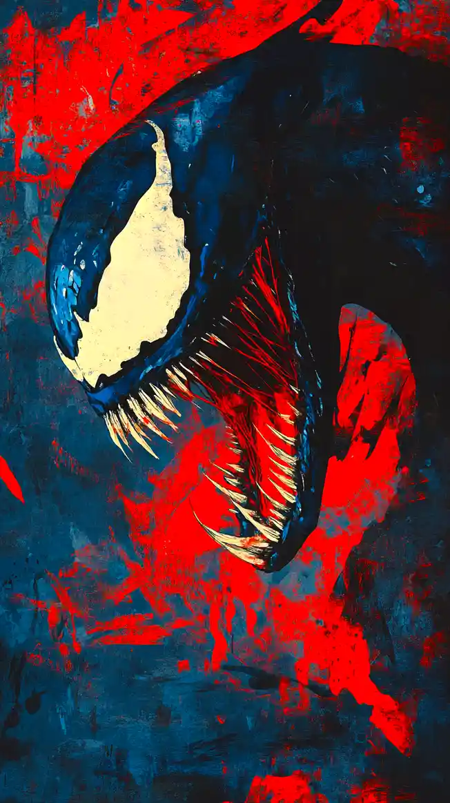 A stylized, aggressive illustration of the comic book character Venom, depicted with a wide-open mouth showing sharp teeth…
