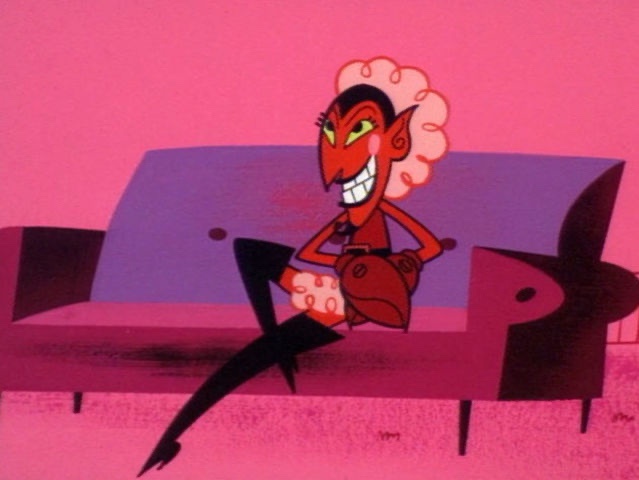 A cartoon devil with red skin, horns, and a white curly wig sits on a purple couch with a smug grin, holding a brown purse…