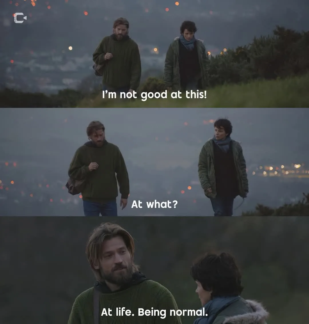 Three panels show two men walking on a hillside at dusk with city lights blurred in the background. The first panel has text…