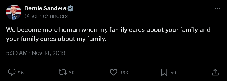 A screenshot of a tweet from Bernie Sanders' official Twitter account, showing his profile picture, handle @BernieSanders…