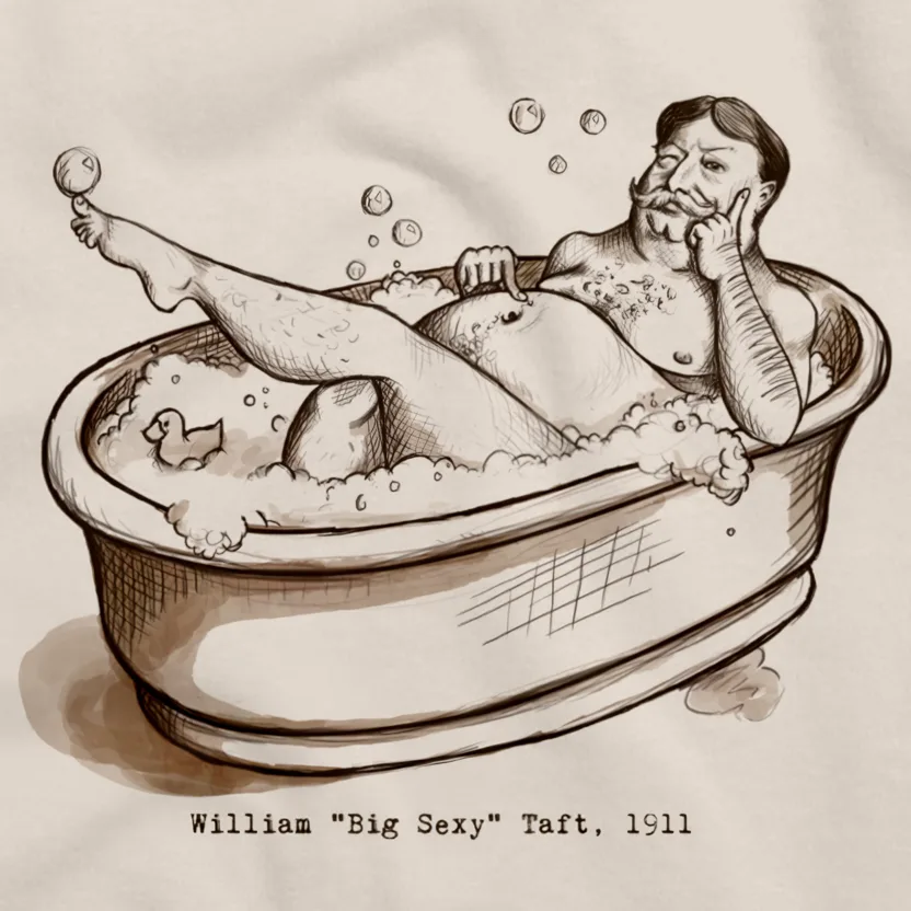 A sepia-toned sketch shows a large, bearded man with a mustache lounging in a bathtub filled with bubbles, holding a soap…