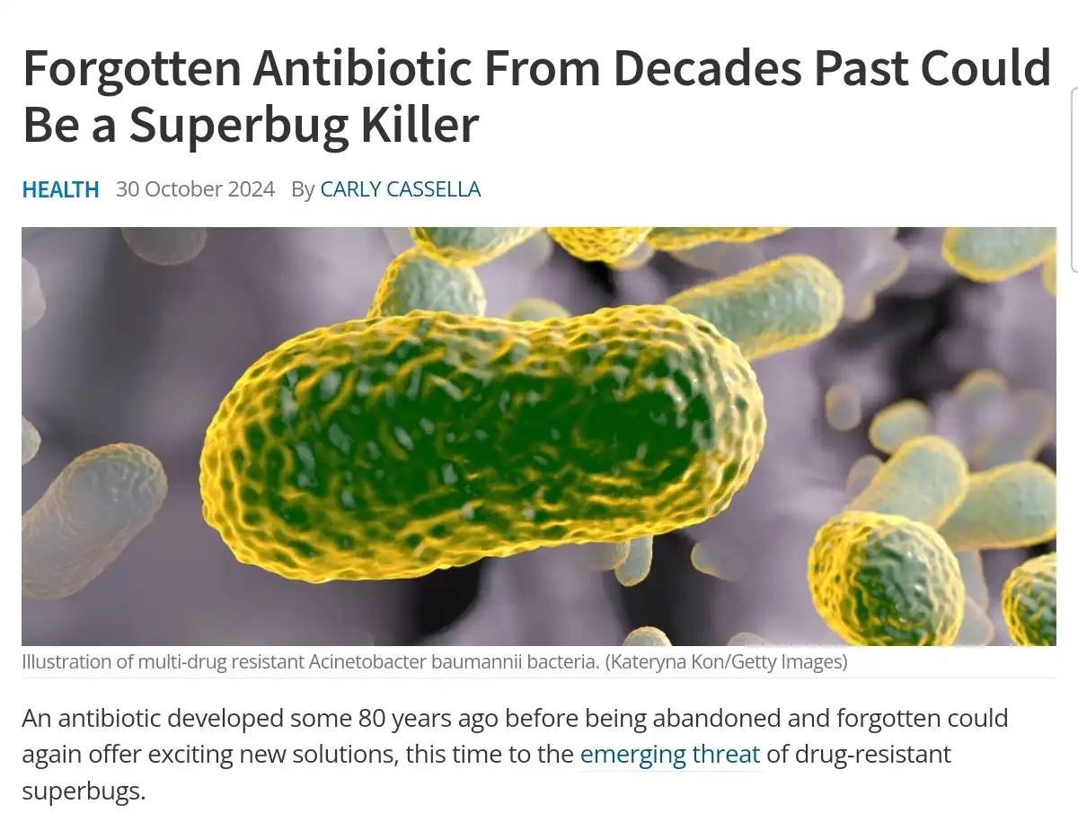 A news article screenshot shows a headline about a forgotten antibiotic potentially killing superbugs, accompanied by an…