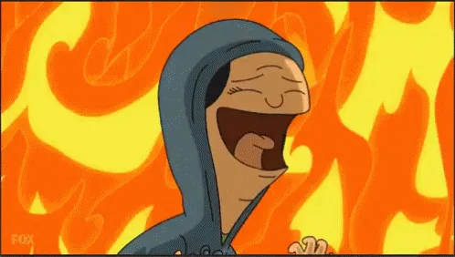 A six-panel comic strip featuring the animated character Linda from 'Bob's Burgers' standing in front of a fiery background…
