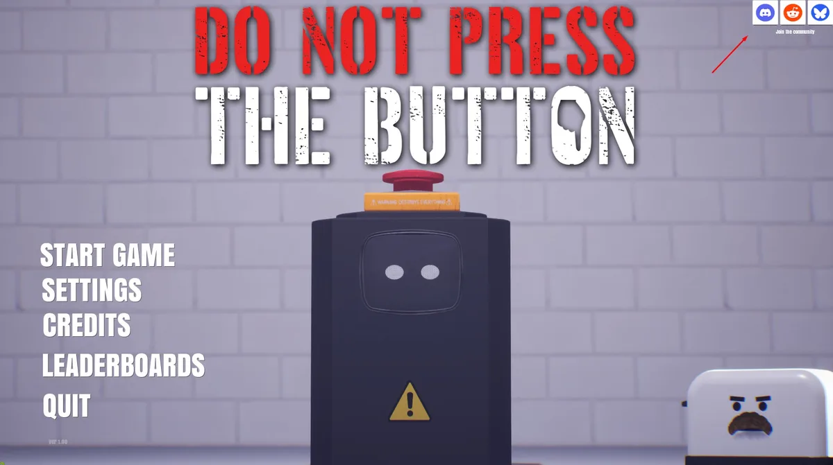A video game main menu screen featuring a large black box with a red button on top and a warning label that says 'WARNING…