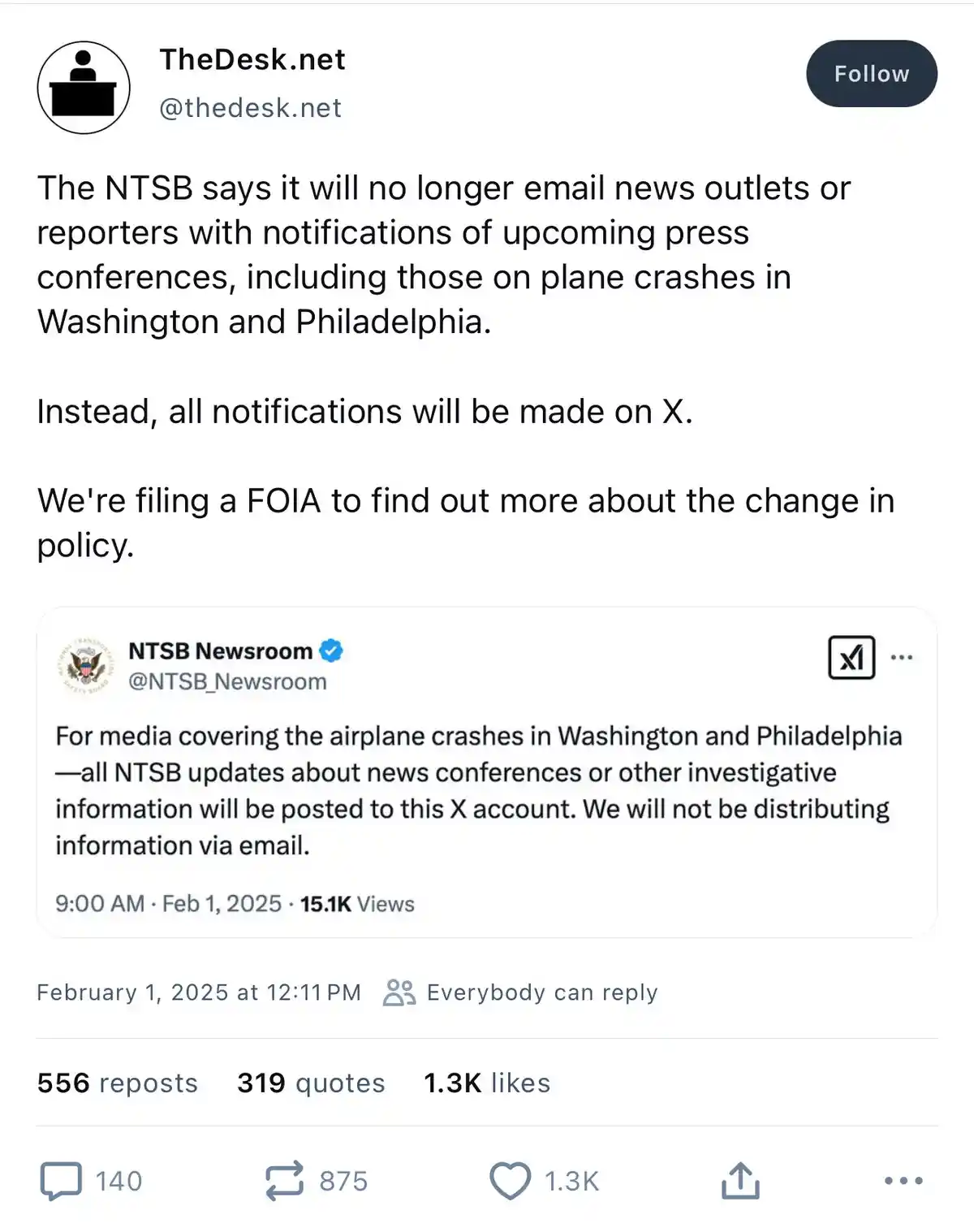 A screenshot of a tweet from 'TheDesk.net' reporting that the NTSB has switched from emailing press updates about plane…