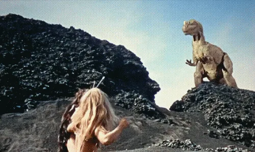 A six-panel image sequence from a movie shows a woman with long blonde hair facing a large, bipedal dinosaur-like creature…