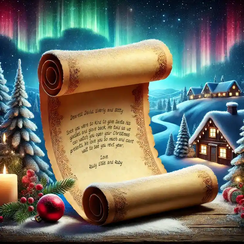 A large, ornate, snow-dusted scroll rests on a wooden surface in a snowy, festive landscape with auroras, pine trees, and…