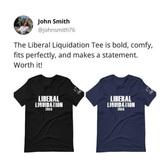 Two t-shirts, one black and one navy blue, both displaying the text 'LIBERAL LIQUIDATION 2024' in bold white letters. Above…