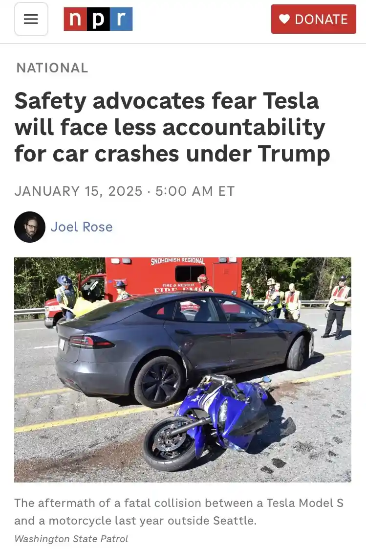 A screenshot of an NPR news article from January 15, 2025, featuring a photo of a dark gray Tesla Model S involved in a…