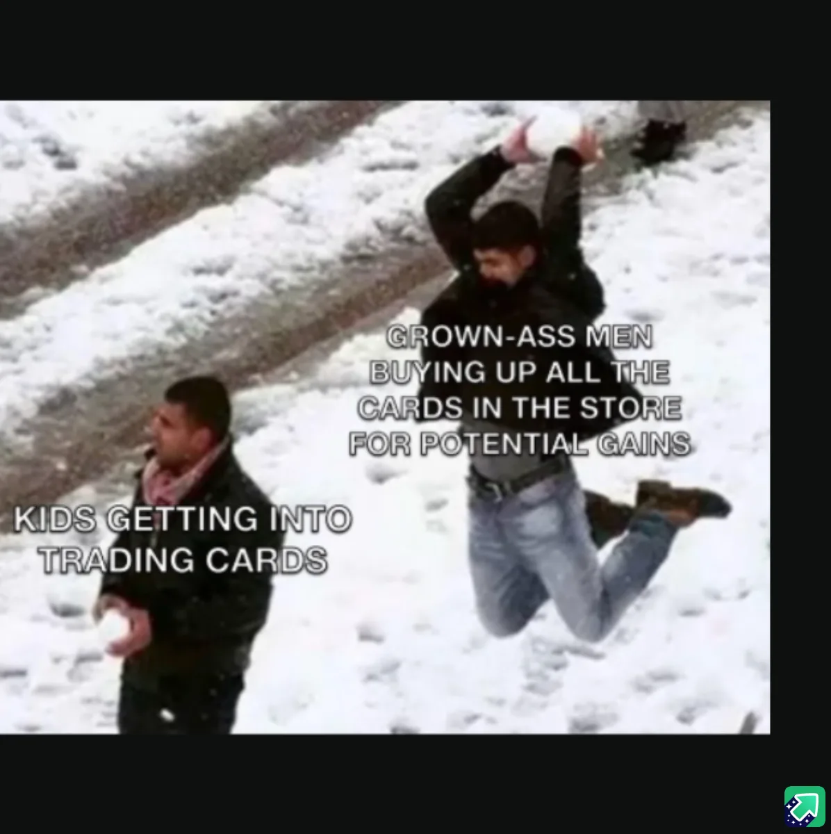 Two men are in a snowy outdoor setting, one standing calmly while the other is mid-air, seemingly jumping or falling. Text…
