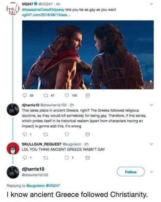 A screenshot of a Twitter thread shows a user commenting on a tweet about Assassin's Creed Odyssey being 'gay-friendly.'…