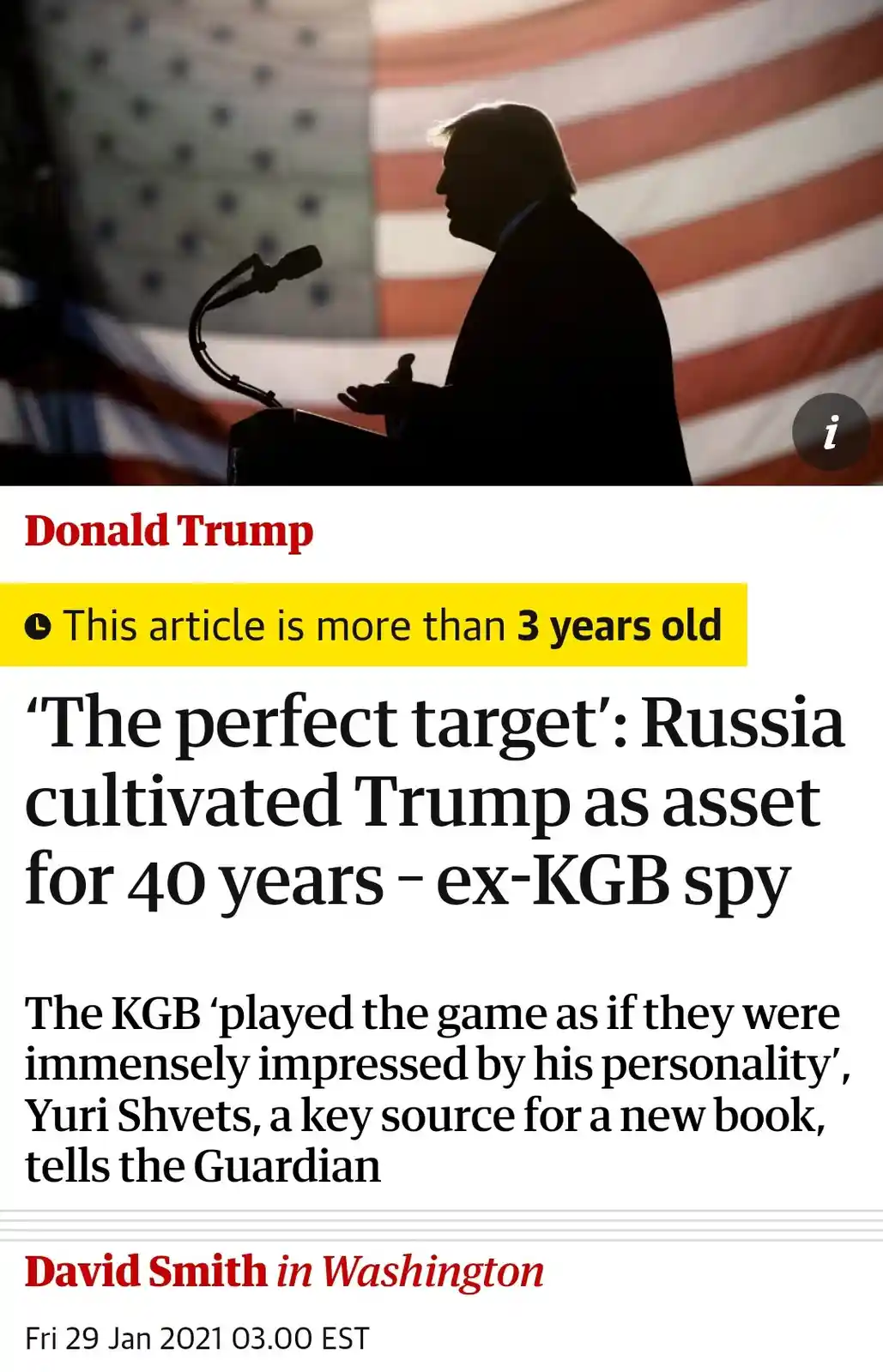 A screenshot of a Guardian news article from January 2021, featuring a silhouette of Donald Trump speaking at a podium in…