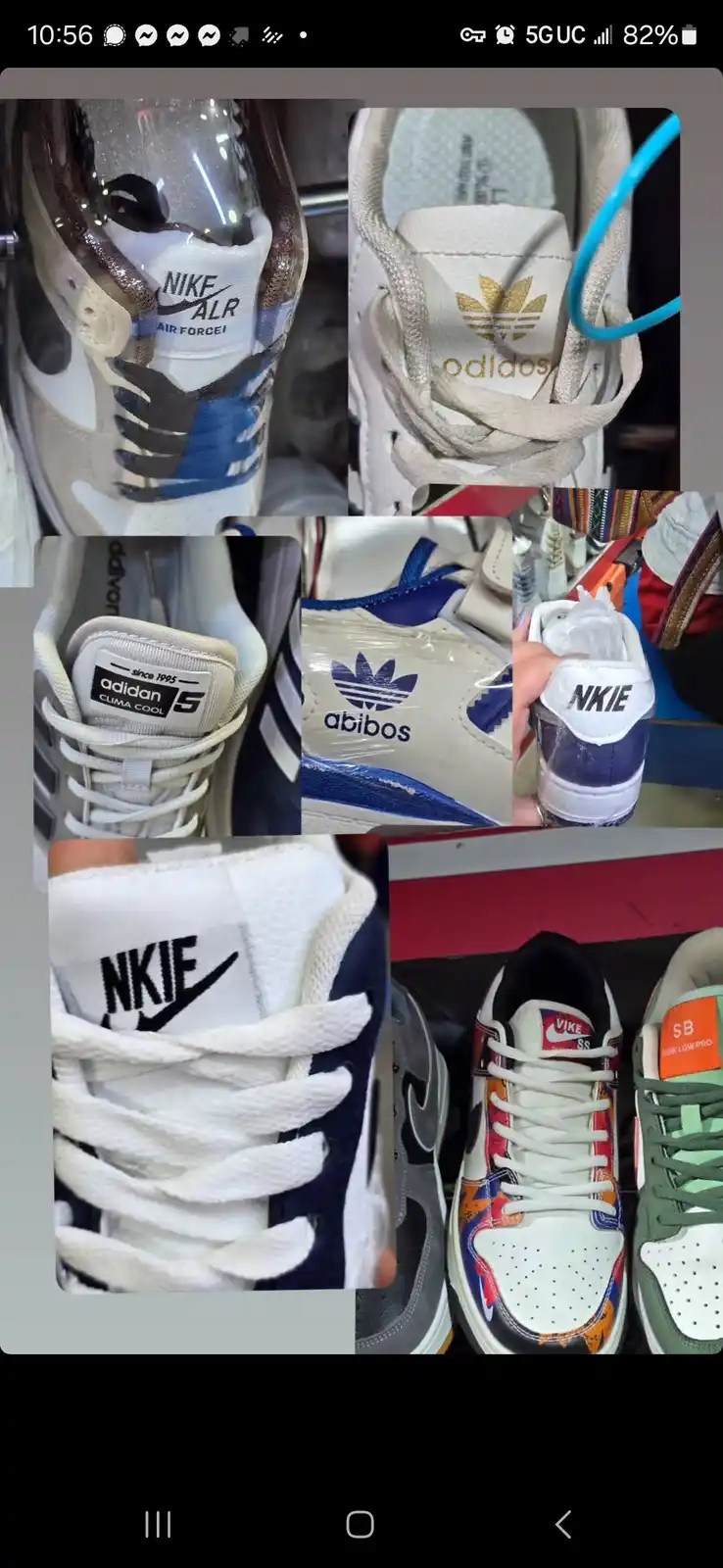 A collage of several sneakers showing intentional misspellings and brand name alterations, such as 'NIKE' misspelled as…