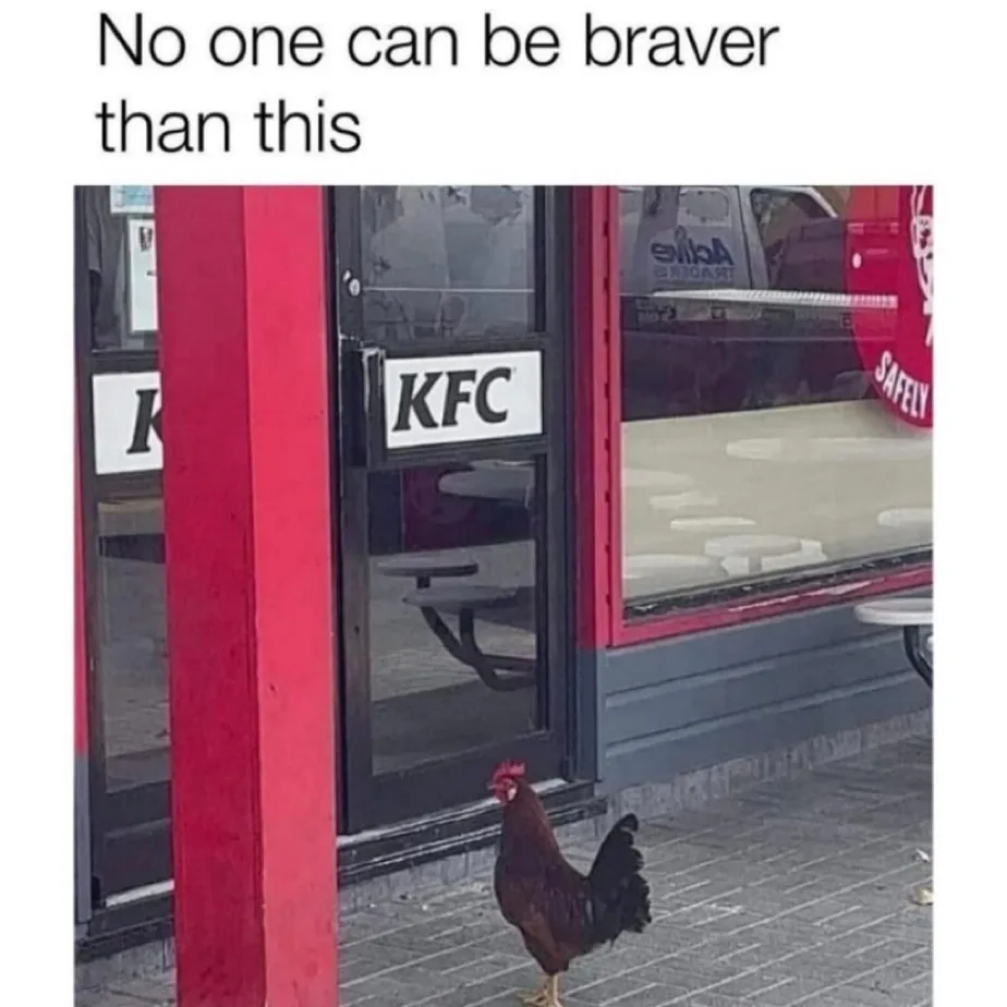 A brown rooster stands confidently on a paved sidewalk directly in front of a KFC restaurant entrance, with the iconic red…