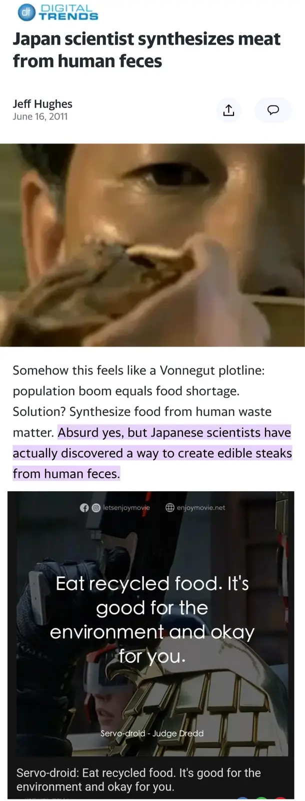 The image is a meme combining a 2011 article headline about Japanese scientists synthesizing meat from human feces with a…