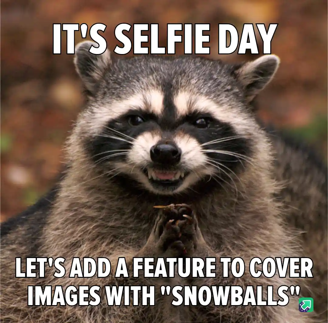 A close-up photo of a raccoon with a smug, self-satisfied expression, its paws held up as if posing for a selfie. The…