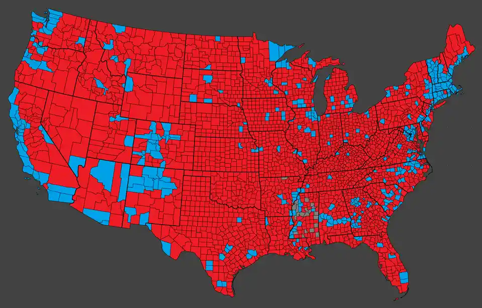 A map of the United States with counties colored red or blue, overlaid with the text 'red states blue states'. The map shows…