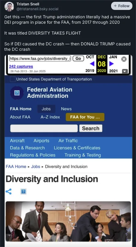 A screenshot of a Twitter post by Tristan Snell showing a webpage from the FAA's 'Diversity and Inclusion' section, with…