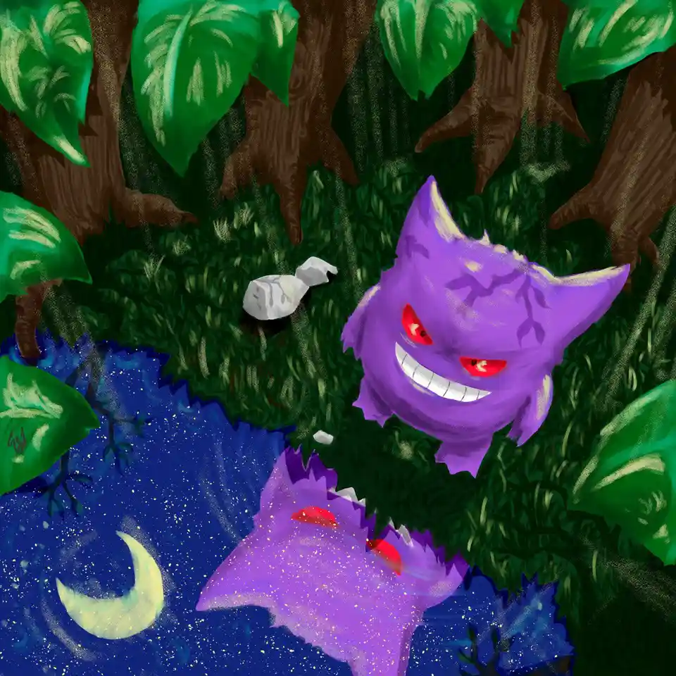 A purple, ghostly Pokémon named Gengar with red eyes and a wide grin is shown in a dark, leafy forest next to a body of…