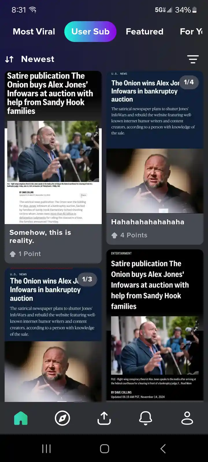 A screenshot of a Reddit-style interface showing multiple identical news articles about 'The Onion buys Alex Jones' Infowars…