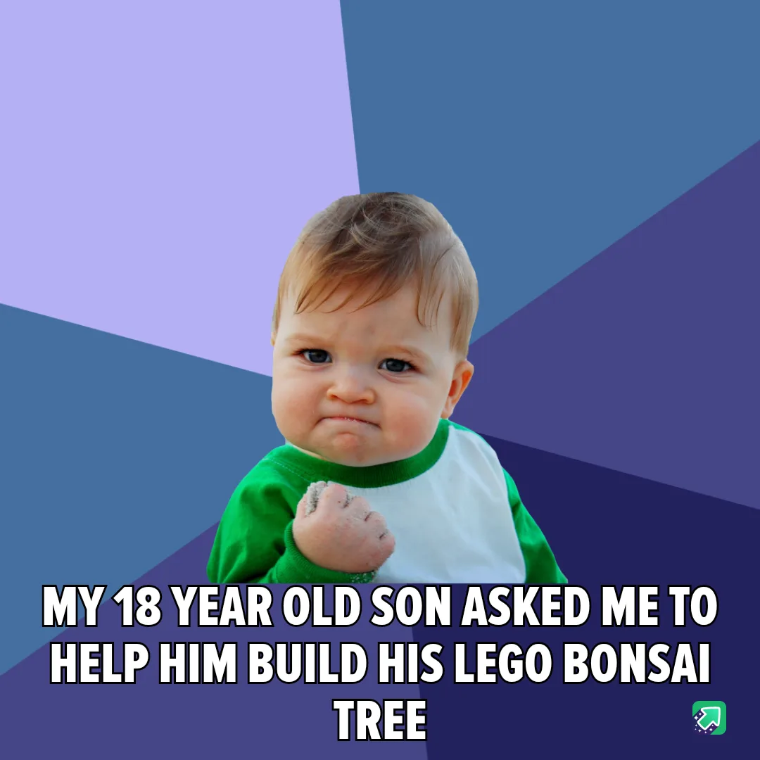 A baby with a green and white shirt and a clenched fist makes a scrunched-up, annoyed face against a geometric purple and…
