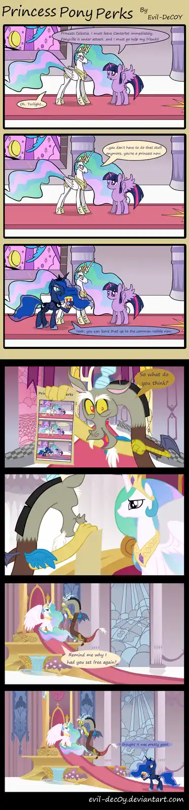 A six-panel comic titled 'Princess Pony Perks' by Evil-DeCOY, featuring Twilight Sparkle and Princess Celestia in a royal…