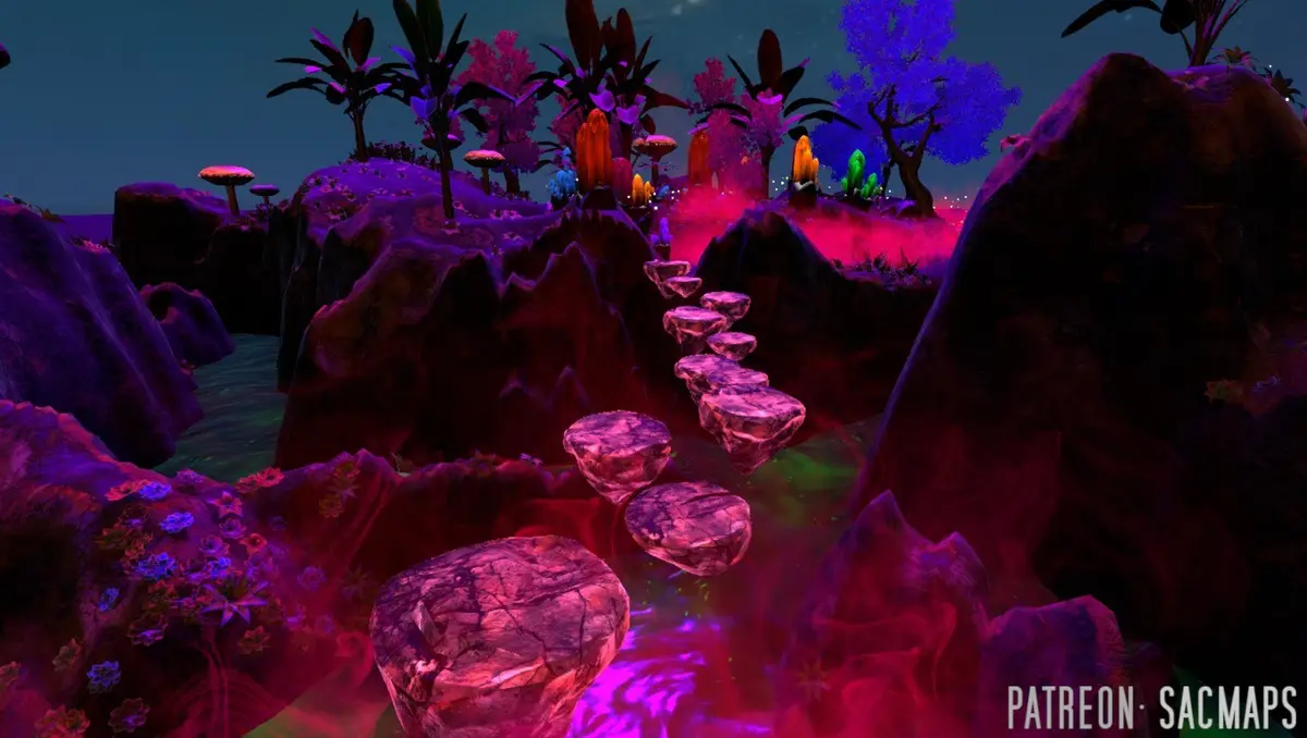 A vibrant, surreal landscape with glowing purple and pink rocks, floating stone steps, neon flora, and glowing mushrooms…