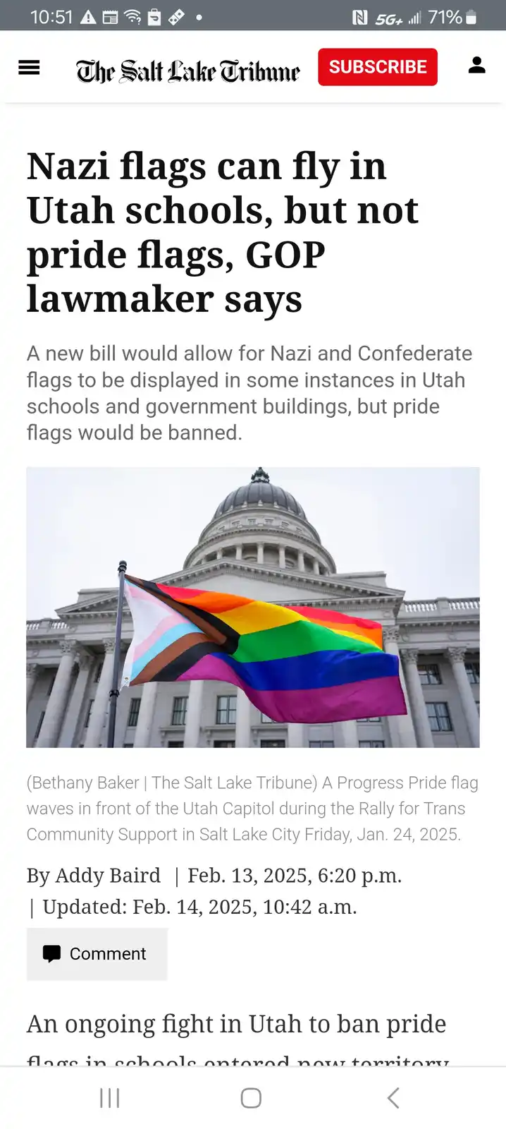 A screenshot of a Salt Lake Tribune news article shows a rainbow pride flag waving in front of the Utah Capitol building…