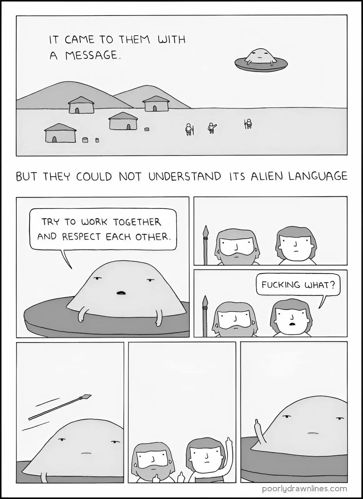 A black-and-white comic strip shows an alien spaceship delivering a message to primitive humans. The alien says 'try to work…