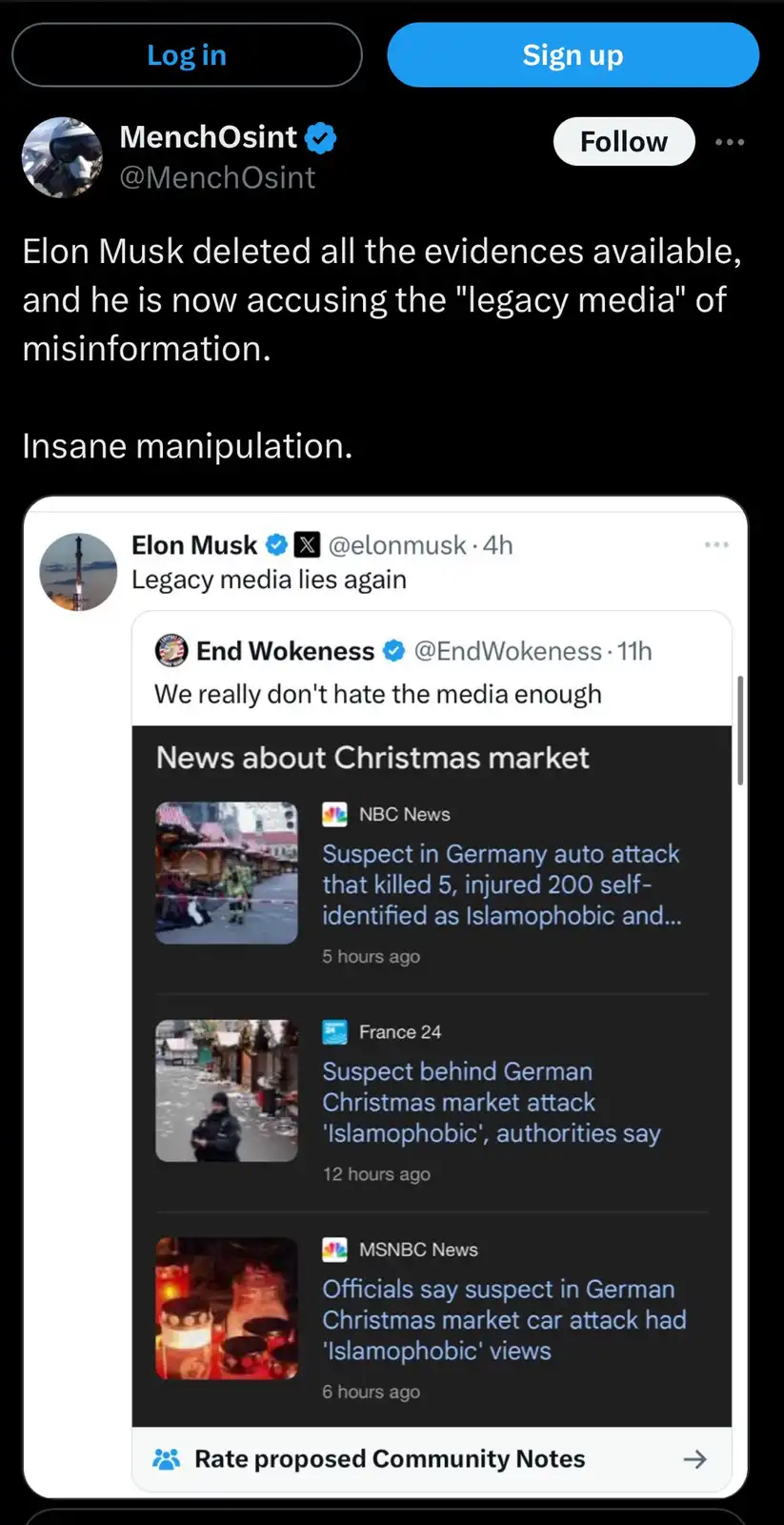A screenshot of a Twitter/X post by user MenchOsint criticizing Elon Musk for allegedly deleting evidence while accusing…