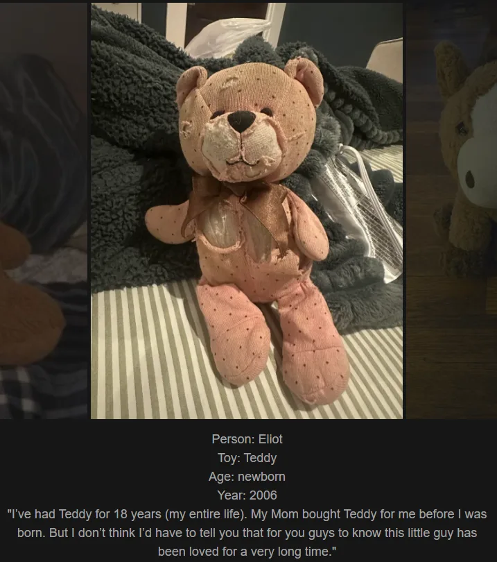 A visibly worn, pink sock monkey-style teddy bear with a torn chest and faded fabric sits on a striped bedsheet. Overlaid…