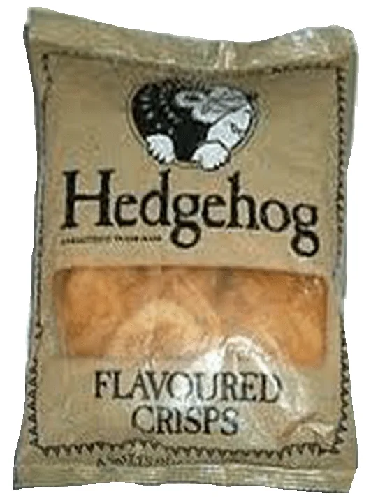 A bag of crisps with the brand name 'Hedgehog' and the text 'FLAVOURED CRISPS' printed on it. The packaging is beige with a…