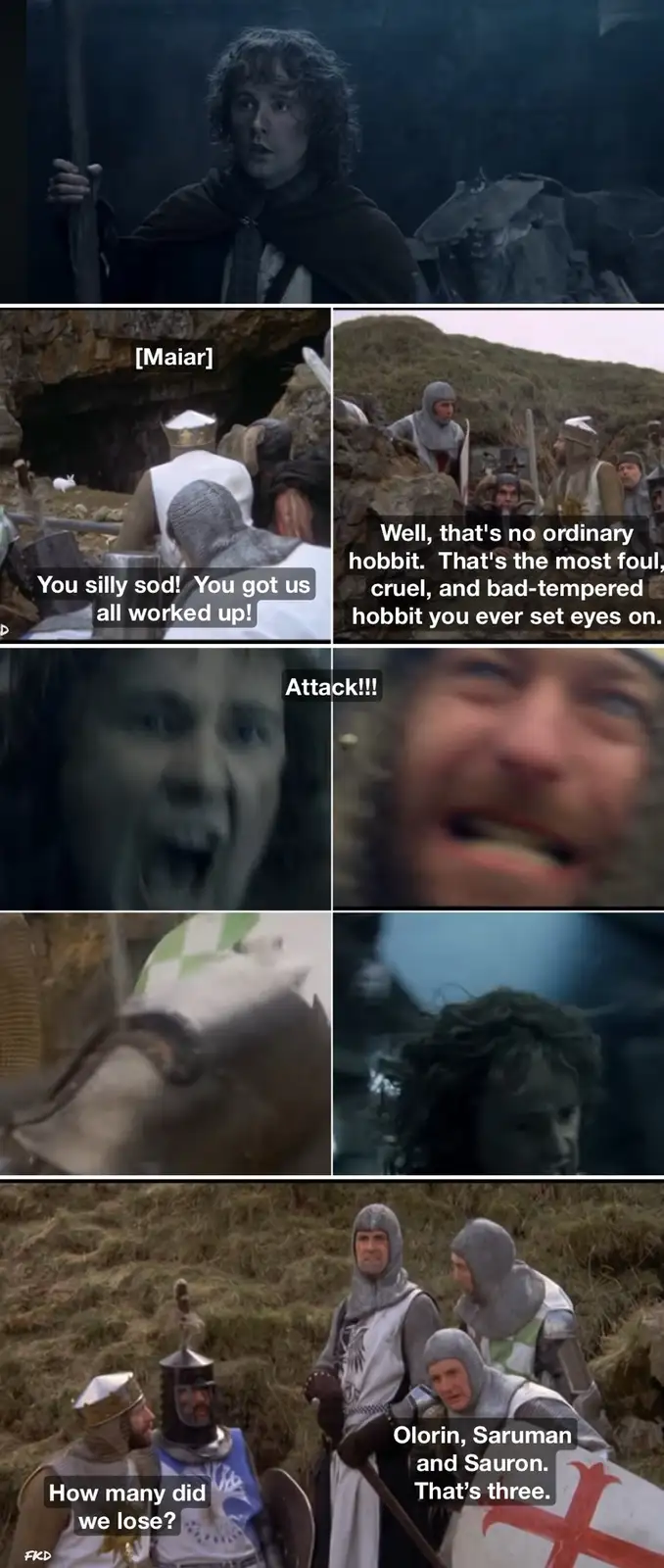 A meme collage from 'The Lord of the Rings' showing a hobbit's exaggerated reaction, followed by knights misidentifying him…