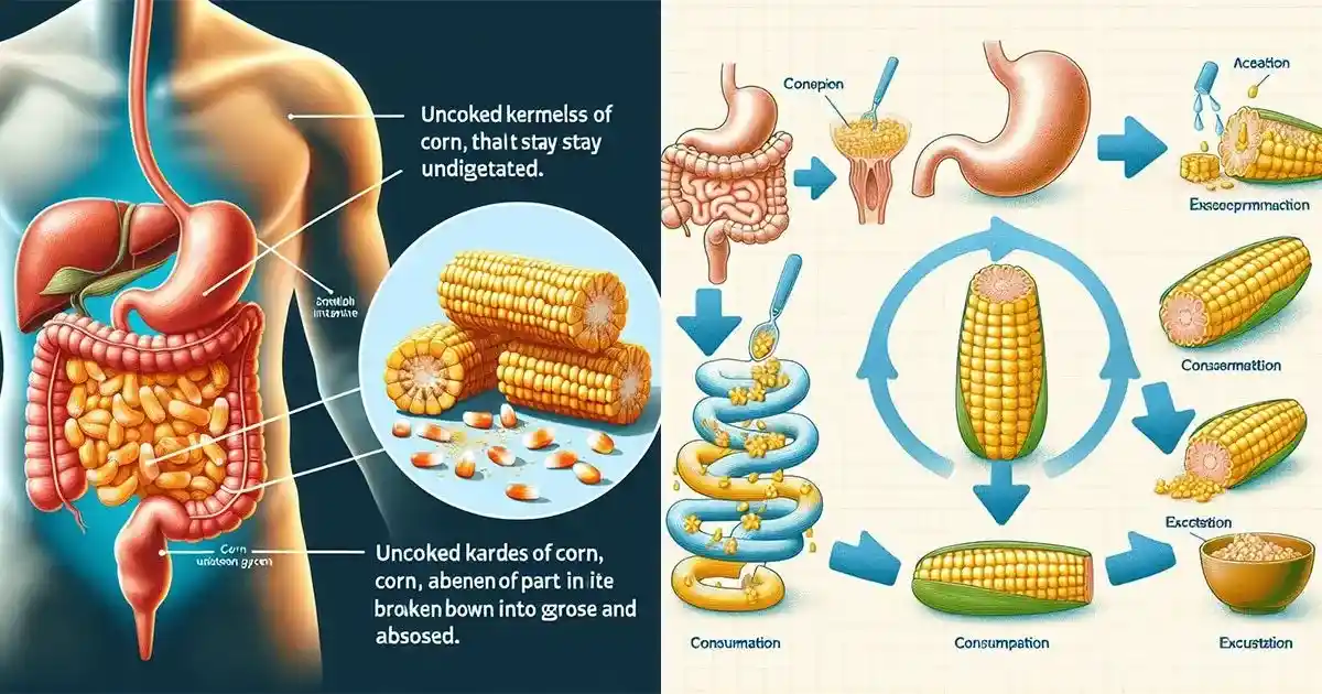 The image is a split-panel diagram showing a human digestive system filled with corn kernels on the left, and a circular…