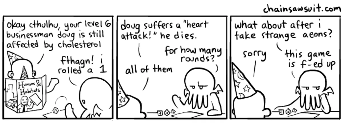 A three-panel comic strip shows a player rolling a 1 on a die, causing their level 6 character 'Doug' to die instantly from…