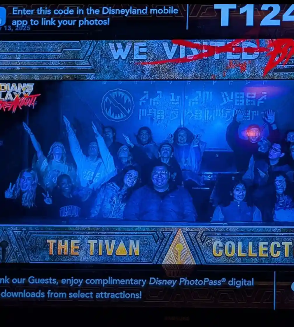 A photo from a Disney attraction, likely 'Indiana Jones: Temple of the Forbidden Eye,' shows a group of excited guests…