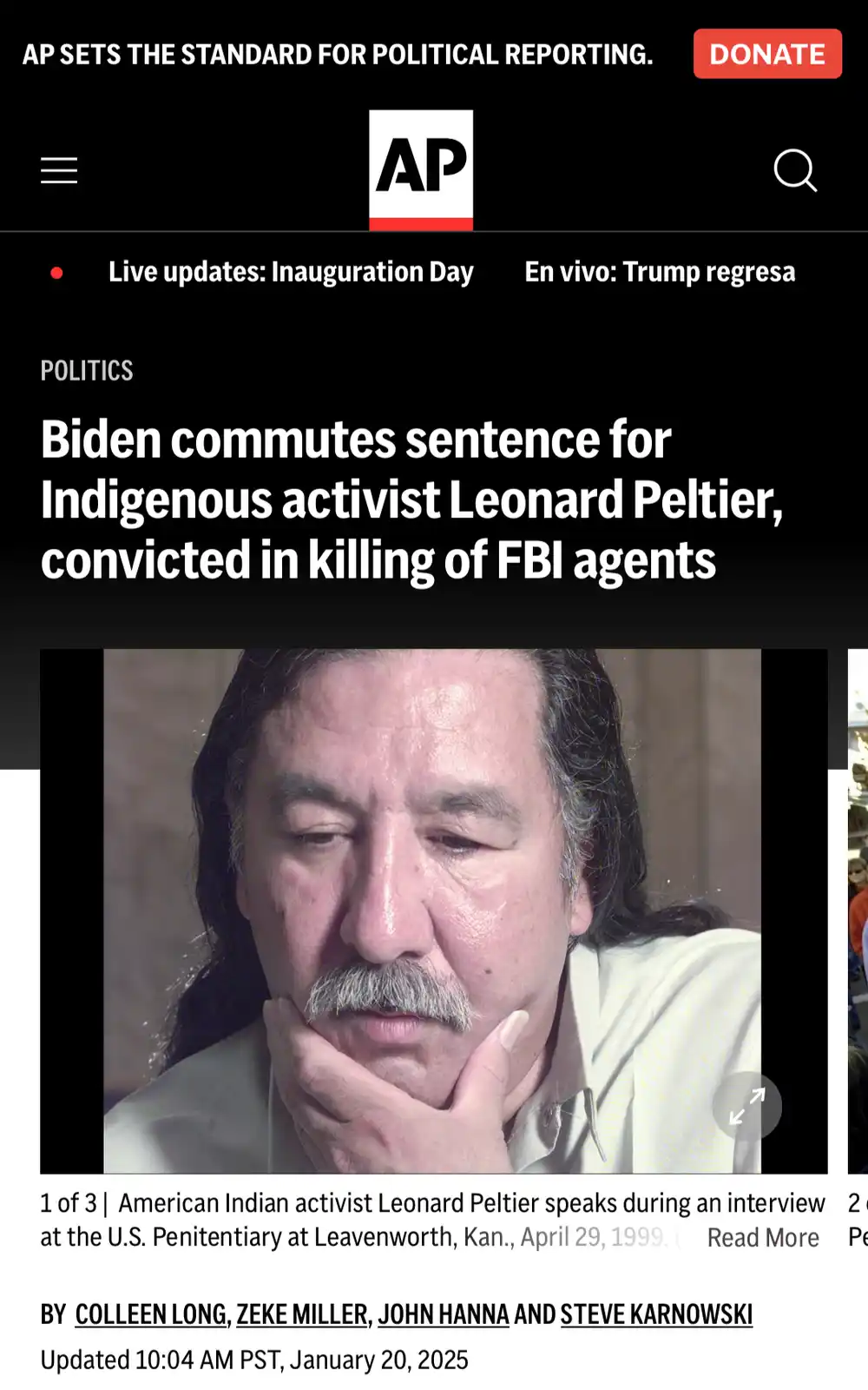 A screenshot of an Associated Press news article headline about President Biden commuting the sentence of Indigenous…