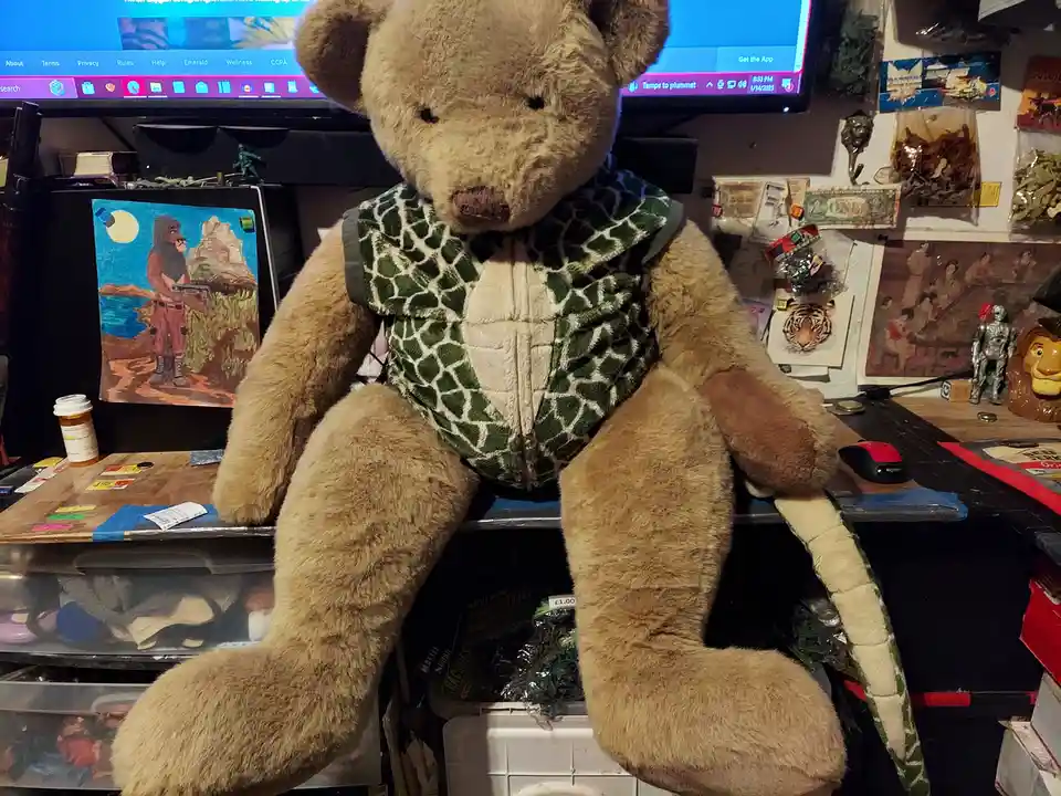 A large, brown, fluffy teddy bear sits on a cluttered desk wearing a green and beige patterned vest with a zipper. The…