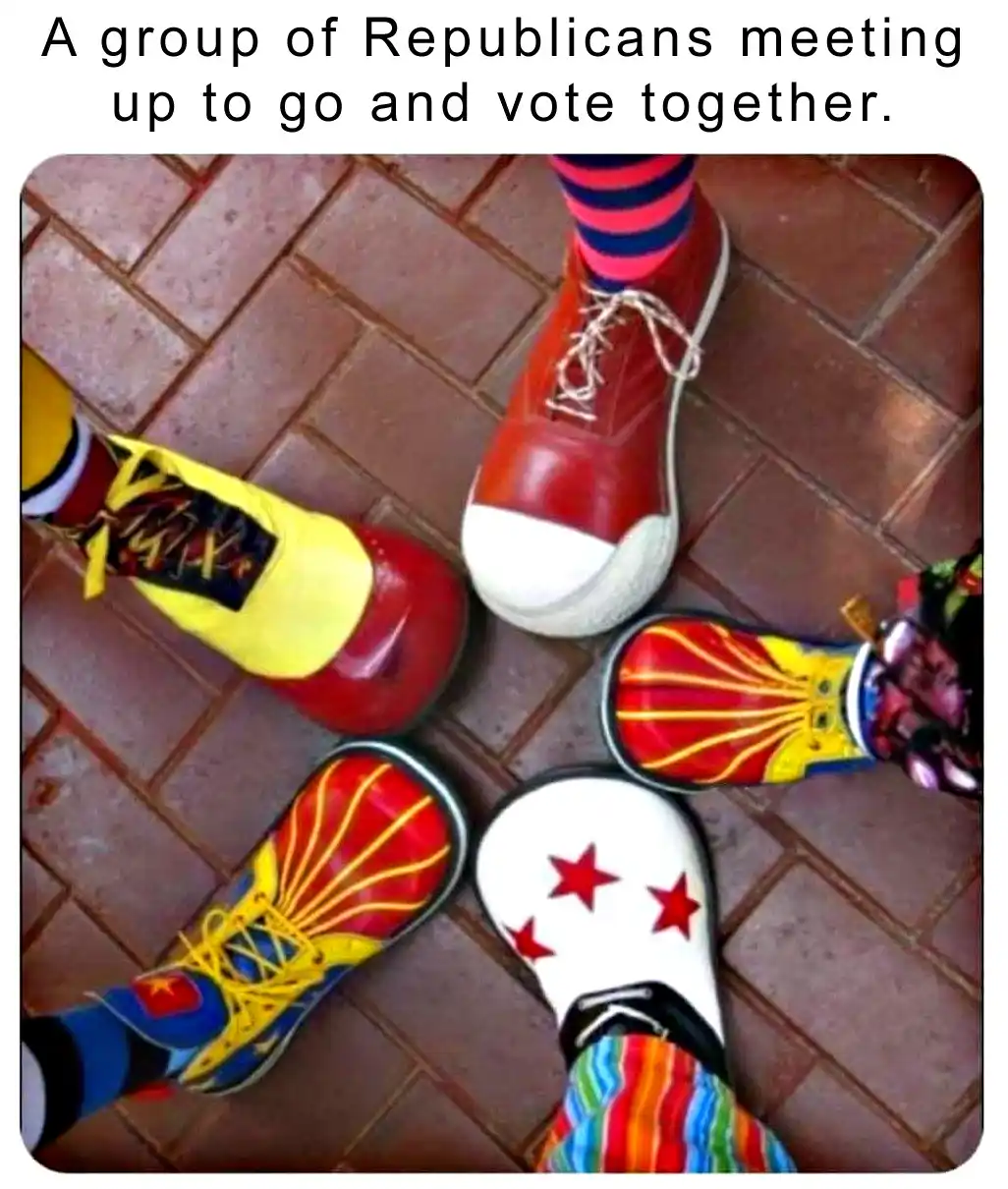 The image shows five colorful clown shoes arranged in a circle on a brick floor, each with unique designs including stars…