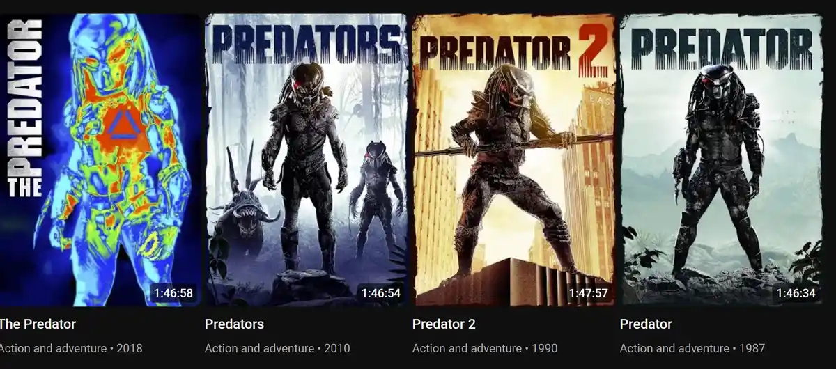 Four movie posters for the Predator franchise are shown side-by-side, each depicting a different Predator character in…