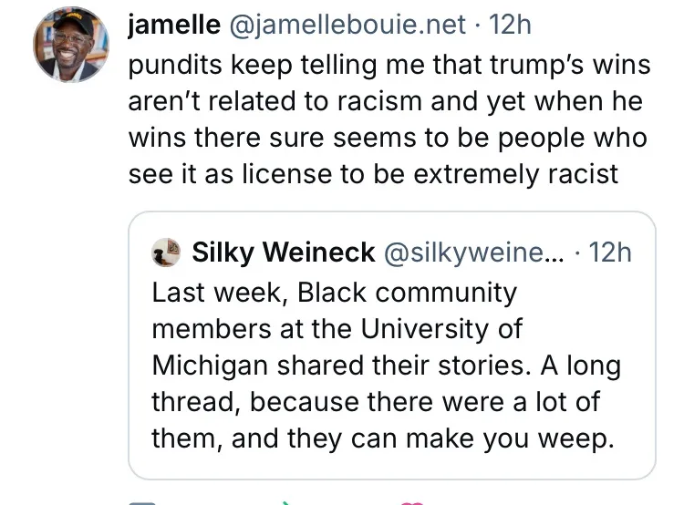 A screenshot of a Twitter thread shows a tweet from Jamelle Bouie criticizing pundits who claim Trump's electoral wins…