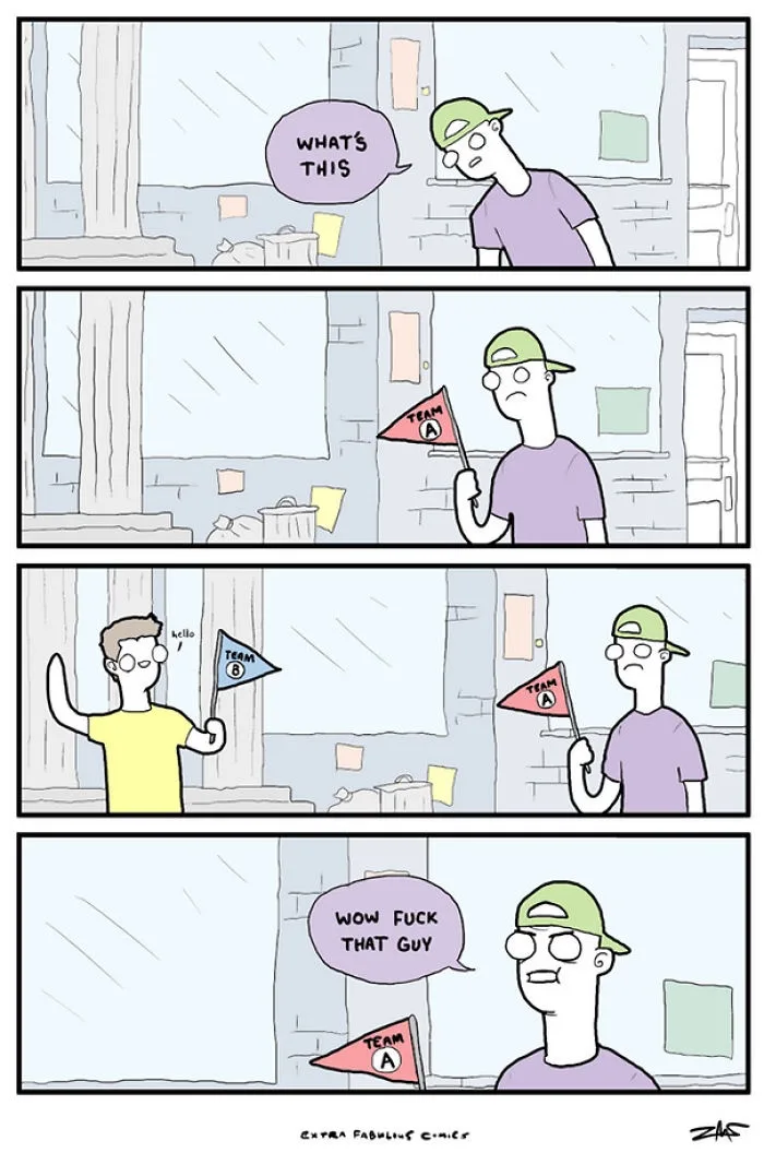 A four-panel comic strip shows a man in a green cap holding a red 'TEAM A' flag, confused by a stranger waving a blue 'TEAM…