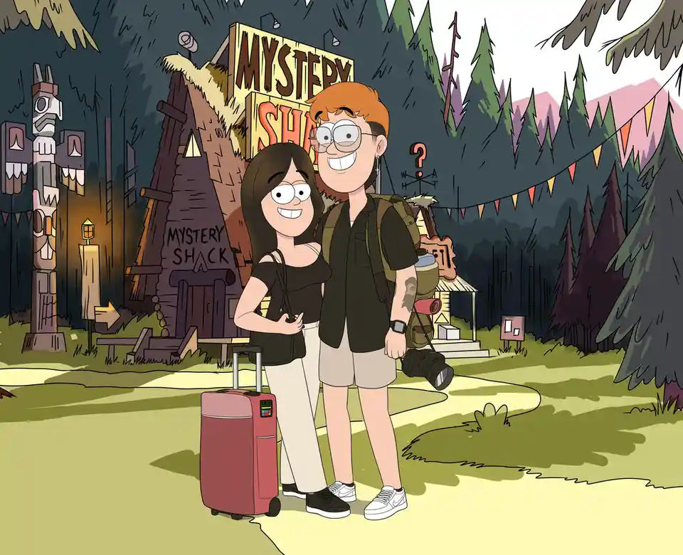Two cartoon characters, a woman with a suitcase and a man with a camera and backpack, stand smiling in front of the 'Mystery…